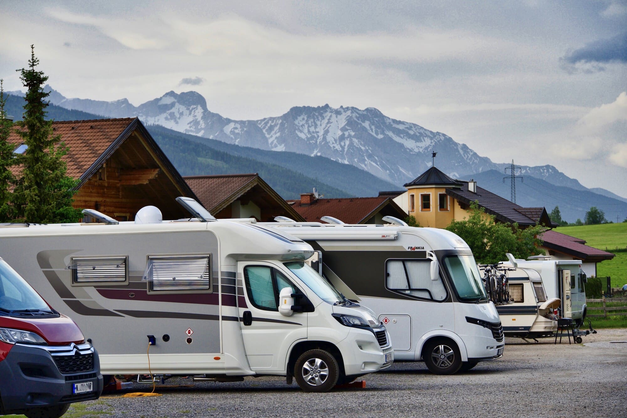 RVs parked by cabins
